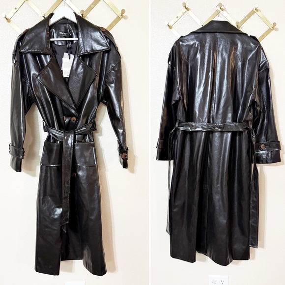 NWT Nocturne Dark Brown Black Shine Oversized Faux Leather Belted Trench Coat - Picture 5 of 9